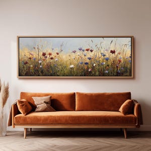 Wildflower Meadow Painting, Long Panoramic Framed Canvas Art, Impressionist Floral Landscape, Rustic Farmhouse Wall Decor, Horizontal Print
