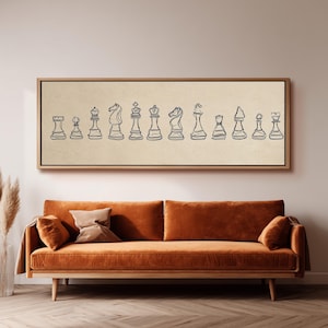 Linea di scacchi minimalista, tela lunga e stretta, stampa panoramica ampia, disegno di grandi dimensioni, arredamento per sala giochi, arte murale moderna per ufficio