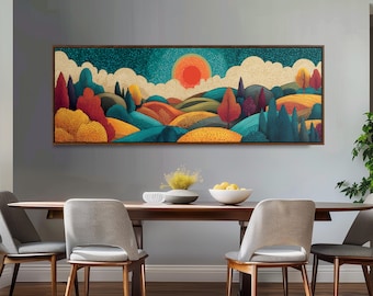 Folk Art Hills Panoramic Canvas, Stylized Landscape Print, Wide Wall Art, Large Framed Decor, Whimsical Scenery, Colorful Retro Forest Art
