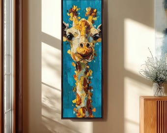 Funny Giraffe Face Painting, Framed Vertical Safari Canvas, Tall Narrow Zoo Animal Art, Colorful Impasto Print, Modern Wildlife Wall Decor