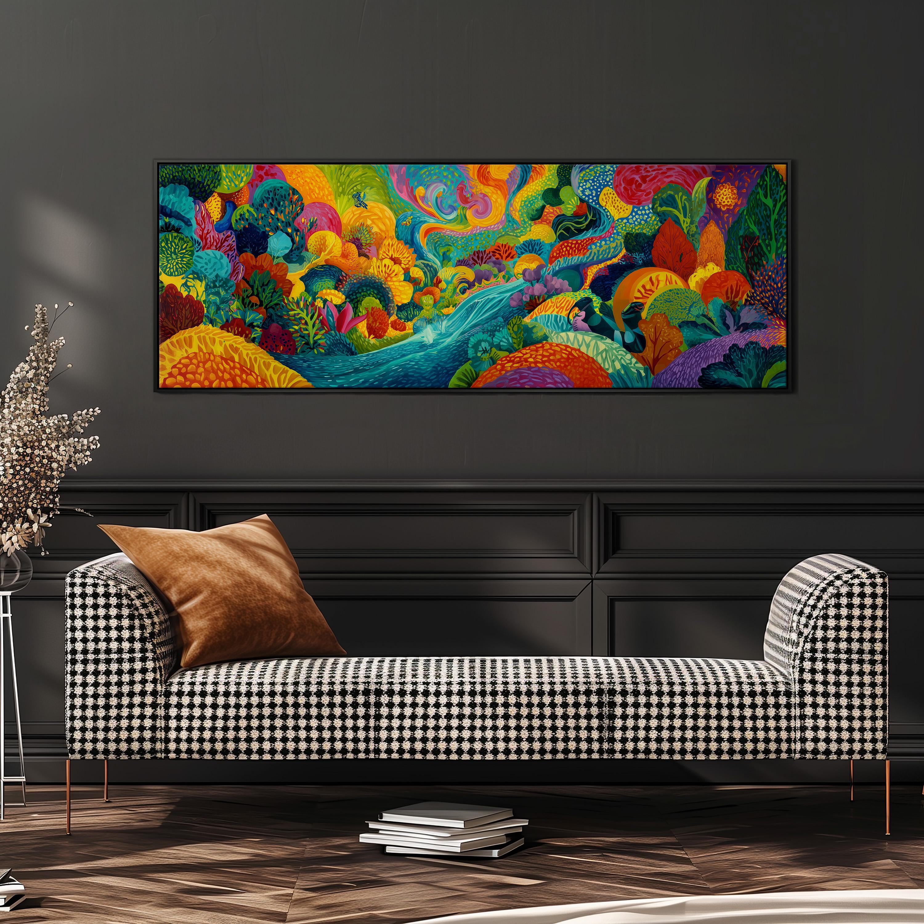 Psychedelic Jungle Painting, Wide Panoramic Canvas, Long Narrow