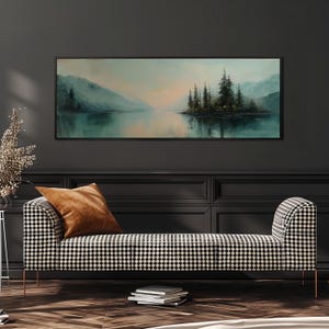 Moody Lakeside Decor Framed Art, Horizontal Wall Art, Wide Panoramic Oil Painting, Large Framed Canvas, Forest Canvas Print, Above Bed Decor