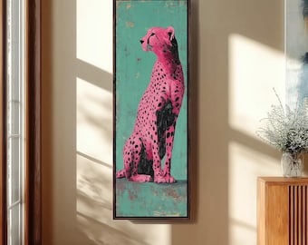 Tall Skinny Pink Cheetah Canvas, Vertical Pop Art Animal Painting, Long Narrow Teal Wall Decor, Eclectic Wild Cat Print, Modern Fun Art