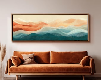 Abstract Mountain Painting, Japandi Wall Art, Wide Panoramic Framed Canvas, Minimalist Landscape Print, Above Bed Decor, Earth Tone Print