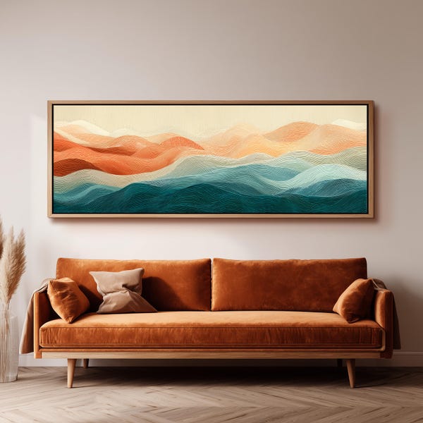 Abstract Mountain Painting, Japandi Wall Art, Wide Panoramic Framed Canvas, Minimalist Landscape Print, Above Bed Decor, Earth Tone Print