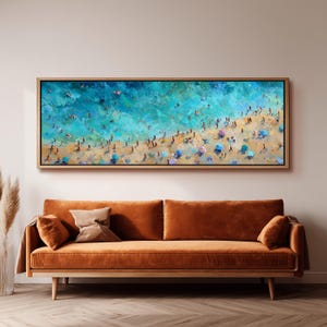 Crowded Beach Canvas Print, Long Narrow Wall Art, Wide Panoramic Decor, Large Oversized Aerial Ocean Painting, Summer House, Coastal Decor