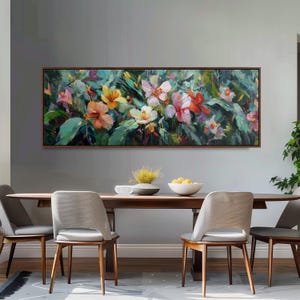 Tropical Hibiscus Painting, Colorful Floral Canvas Art, Wide Panoramic Framed Print, Long Horizontal Wall Decor, Textured Botanical Decor