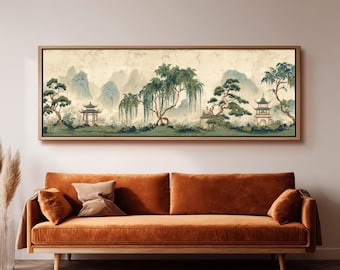Chinoiserie Mural Canvas, Wide Panoramic Wall Art, Long Narrow Framed Print, Large Oversized Asian Landscape, Vintage Style, Zen Wall Art