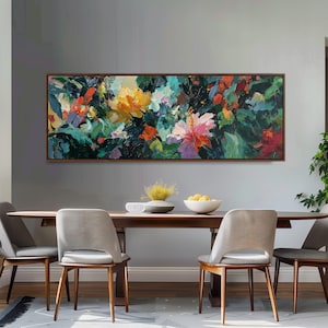 Abstract Floral Canvas Print, Colorful Impasto Wall Art, Wide Panoramic Framed Decor, Long Horizontal Art,Modern Textured Botanical Painting