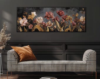 Humeurige bloemen ingelijst canvas, humeurige bloemen muurkunst, brede panoramische print, grote abstracte schilderkunst, roze en goud, getextureerd botanisch decor