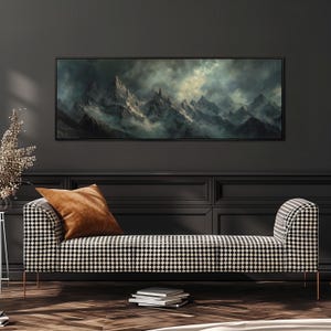 Jagged Mountain Painting, Wide Panoramic Canvas Art, Long Narrow Framed Decor, Large Oversized Moody Landscape, Dark Fantasy, Man Cave Art