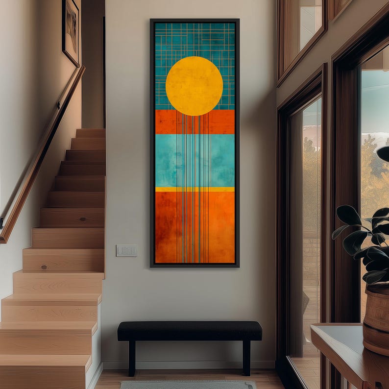 Bauhaus Sun Abstract Canvas, Tall Narrow Vertical Wall Art, Long Thin ...