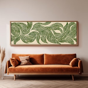 Japandi Green Botanical Linocut Print, Panoramic Framed Canvas Art, Modern Minimalist Wall Art, Horizontal Wall Art, Long Narrow Wall Art