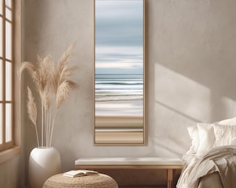 Tall Narrow Ocean Blur Canvas, Long Vertical Coastal Art, Skinny Framed Seascape Print, Abstract Beach Wall Decor, Serene Blue Picture