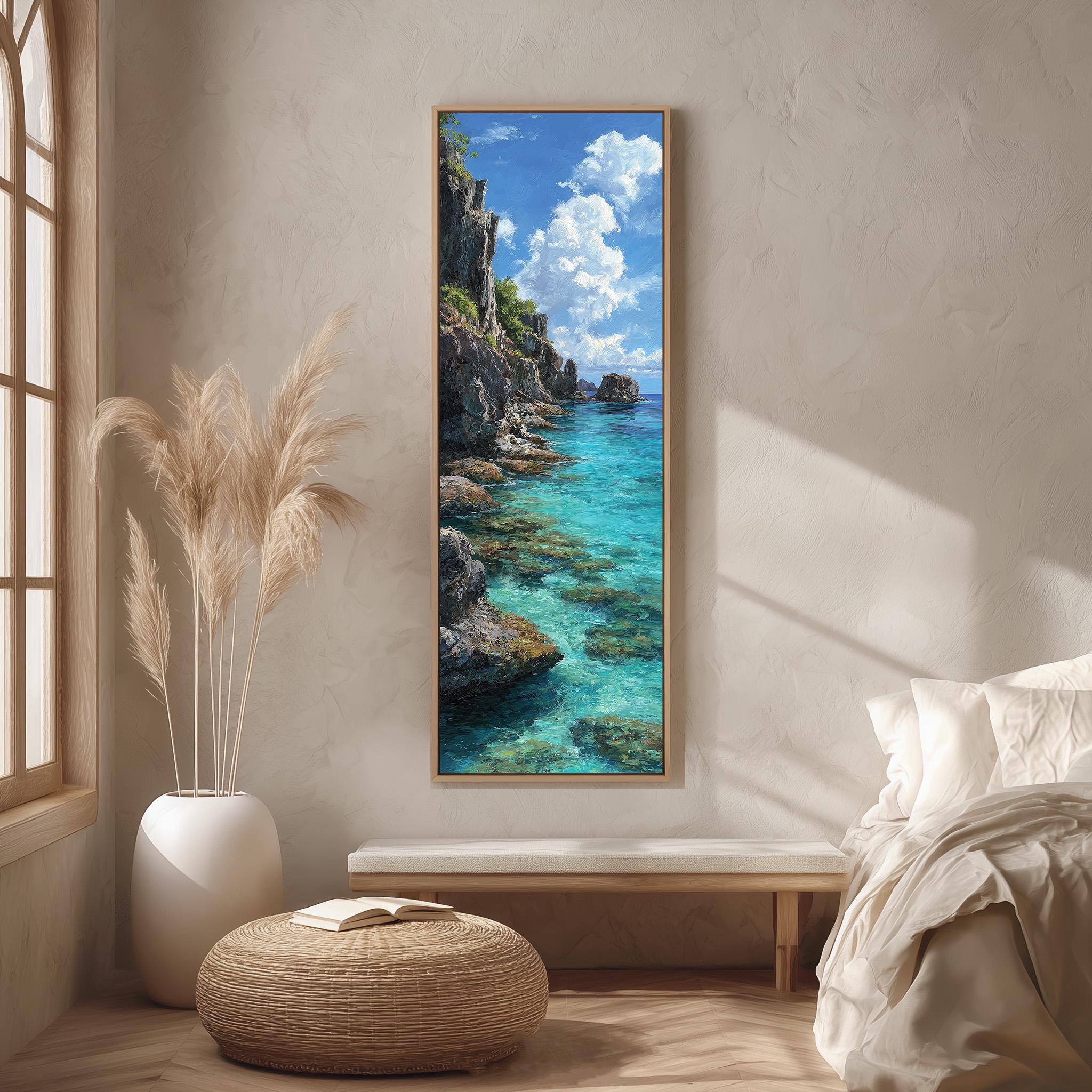 Framed Long Vertical Ocean Art, Tall Narrow Coastal Cliff Canvas