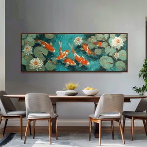 Koi Fish Pond Painting, Wide Panoramic Canvas Art, Long Horizontal Framed Decor, Large Oversized Chinoiserie Print, Japandi Wall Art