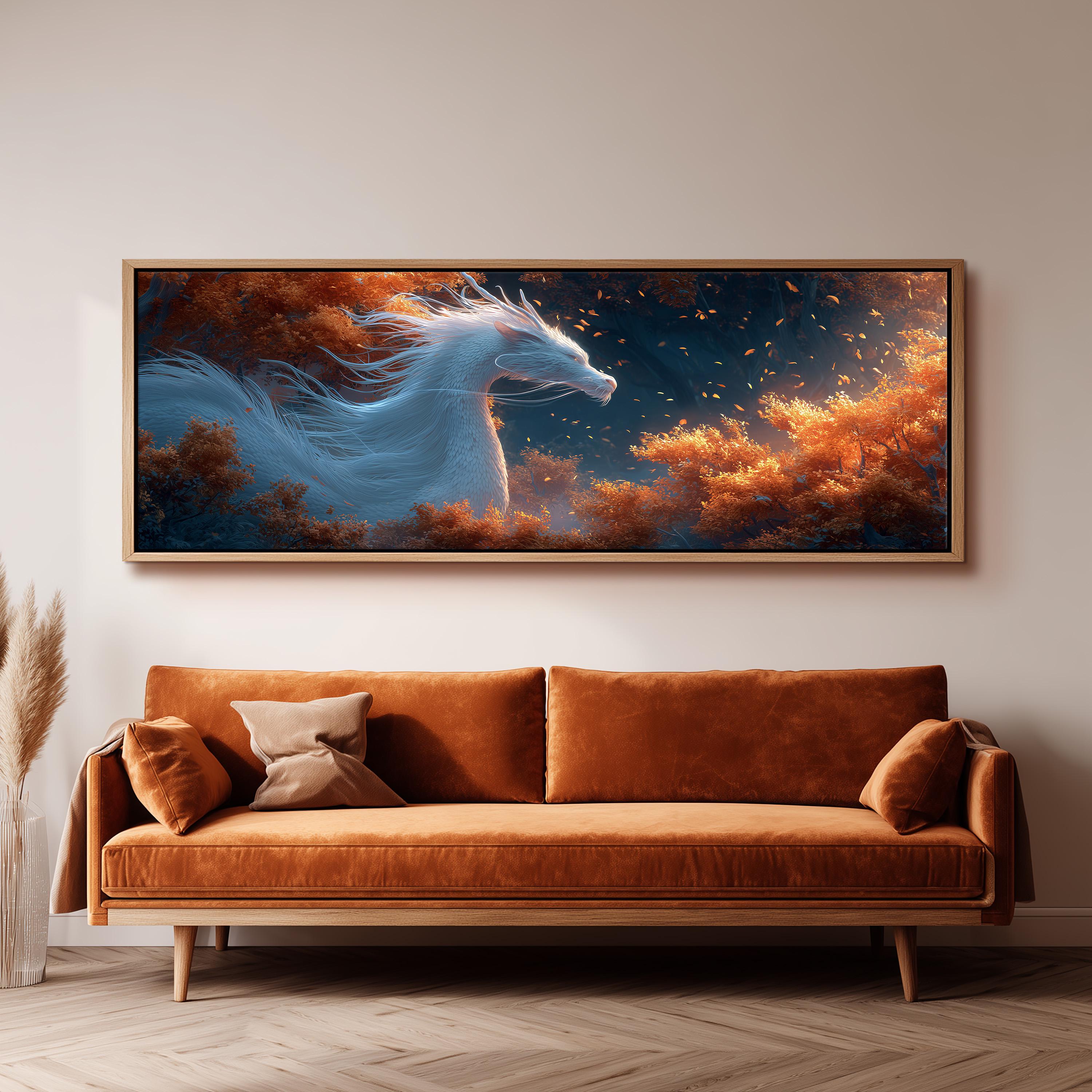 Japanese Dragon Wall Art, Long Horizontal Canvas, Wide Panoramic