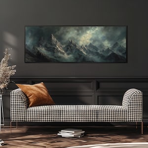 Jagged Mountain Painting, Wide Panoramic Canvas Art, Long Narrow Framed Decor, Large Oversized Moody Landscape, Dark Fantasy, Man Cave Art
