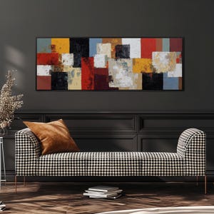 Textured Abstract Canvas Painting, Mid Century Modern Art, Wide Horizontal Framed Canvas, Panoramic Print, Colorful Impasto,Above Sofa Decor