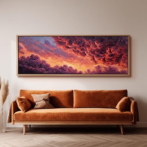 Moody Cloudscape Framed Print, Textured Sunset Sky Art, Wide Panoramic Canvas, Long Horizontal Decor, Dramatic Red Orange Abstract Wall Art