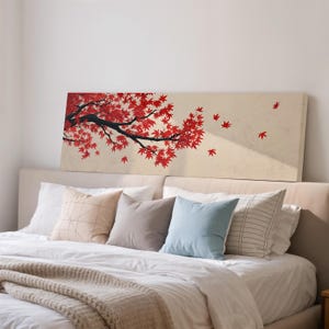 Japanese Maple Branch Wall Art, Long Narrow Canvas, Wide Panoramic Framed Print, Large Red Minimalist Decor, Zen Art, Above Bed Artwork