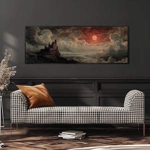 Fantasy Castle Blood Moon, Moody Dark Academia Painting, Wide Panoramic Framed Canvas, Gothic Wall Art, Dark Fantasy, Cloudscape Print