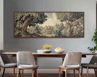 Vintage Forest Tapestry Print, Verdure Panoramic Canvas, Wide Wall Art, Large Muted Landscape, Antique Scenery Painting, Framed Canvas Decor