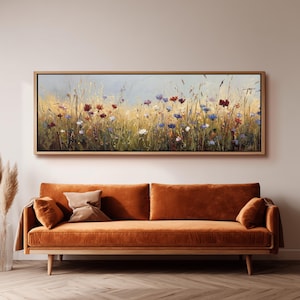 Wildflower Meadow Painting, Long Panoramic Framed Canvas Art, Impressionist Floral Landscape, Rustic Farmhouse Wall Decor, Horizontal Print