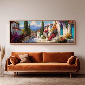 Mediterranean Village Wall Art, Panoramic Painting, Italy Decor, Impressionist Print, Long Horizontal Canvas, Sunny Landscape, Framed Canvas