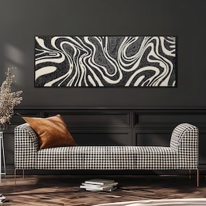 Black and White Wide Abstract Art, Long Panoramic Framed Canvas, Modern Minimalist Liquid Swirl Decor, Horizontal Wall Art, Oil Painting
