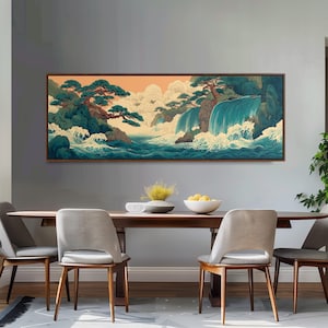 Japanese Waterfall Canvas Print, Ukiyo-e Panoramic Wall Art, Wide Hokusai Waves, Large Framed Art, Japandi Decor, Long Narrow Seascape