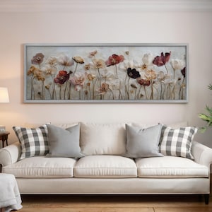 Textured Floral Narrow Art, Impasto Flowers Print, Wide Panoramic Framed Canvas, Long Horizontal Wall Art, Neutral Decor, Above Bed Art