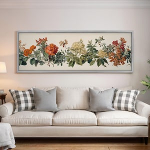 Vintage Botanical Panoramic Print, Floral Wall Art, Long Narrow Canvas, Large Flower Illustration, Orange Flower Decor, Framed Artwork