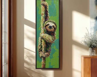 Tall Sloth Canvas Art, Long Vertical Skinny Animal Painting, Narrow Jungle Wall Decor, Cute Wildlife Print, Vibrant Impasto Green Picture