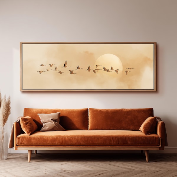 Vintage Sepia Crane Wall Art, Wide Panoramic Canvas, Flock of Birds and Large Sun, Muted Earth Tone Decor, Minimalist Living Room Art Print