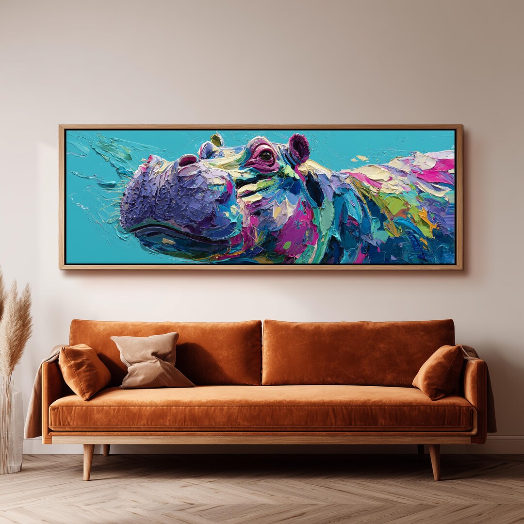 Abstract Hippo Painting, Wide Panoramic Canvas, Long Horizontal Framed ...