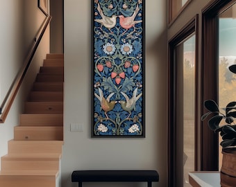 Arte vertical largo de William Morris, lienzo con estampado de pájaros alto y estrecho, decoración floral vintage delgada, impresión estilo artes y manualidades, cuadro de pared azul