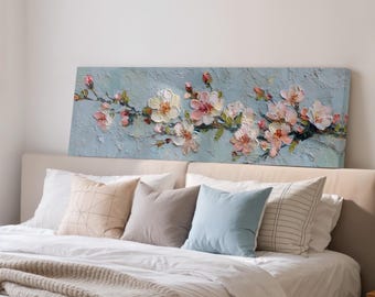 Textured Cherry Blossom Canvas, Impasto Flower Painting, Wide Panoramic Wall Art, Large 3D Floral Decor, Long Narrow Framed Art, Spring Art