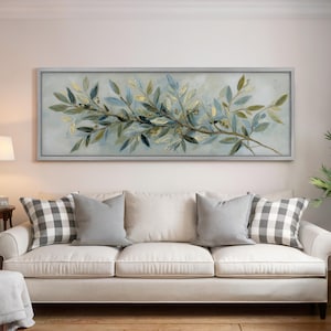 Olive Branch Painting, Long Panoramic Framed Canvas Art, Rustic Farmhouse Botanical Wall Decor for Living Room, Mid Century Modern Art
