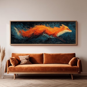 Abstract Fox Painting, Wide Panoramic Canvas, Long Horizontal Framed Art, Large Oversized Wildlife Decor, Modern Farmhouse Wall Art