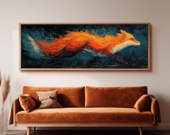 Abstract Fox Painting, Wide Panoramic Canvas, Long Horizontal