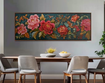 Asian Peony Painting, Wide Panoramic Canvas, Long Horizontal Framed Art, Large Oversized Chinoiserie Floral, Maximalist, Vintage Wall Art