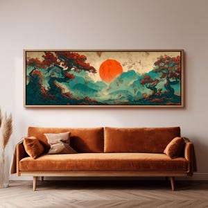 Arte mural vintage de estilo japonés, impresión panorámica en lienzo con sol rojo, paisaje de montaña con bonsái, decoración horizontal alargada, ideal para colocar sobre el sofá o la cama.