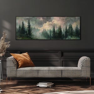 Moody Forest Painting, Long Panoramic Framed Canvas Art, Misty Pine Tree Landscape, Rustic Cabin Decor, Forest Trees Canvas Print Wall Decor
