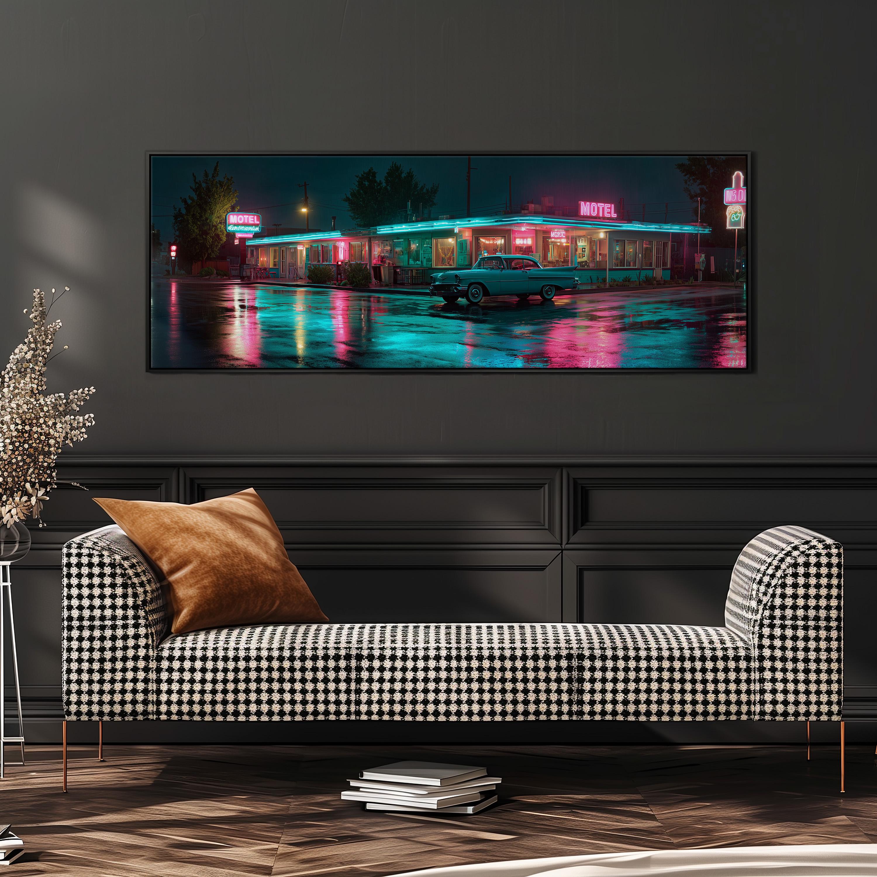 アート・デザイン・音楽 Romantic and Dream Vacations Retro Route 66 Canvas Art, Wide Panoramic Print, Neon Pink Diner
