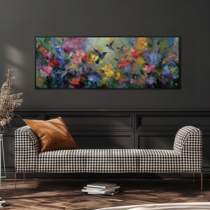 Hummingbird Canvas Print, Long Narrow Wall Art, Wide Panoramic Framed Decor, Large Oversized Impressionist, Colorful Floral, Sun Room Decor