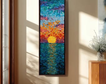 Gerahmte hohe schmale Mosaikkunst, lange vertikale Sonnenuntergangsleinwand, dünnes Ozeanfliesendekor, bunter Glasdruck, lebendige Seelandschaft