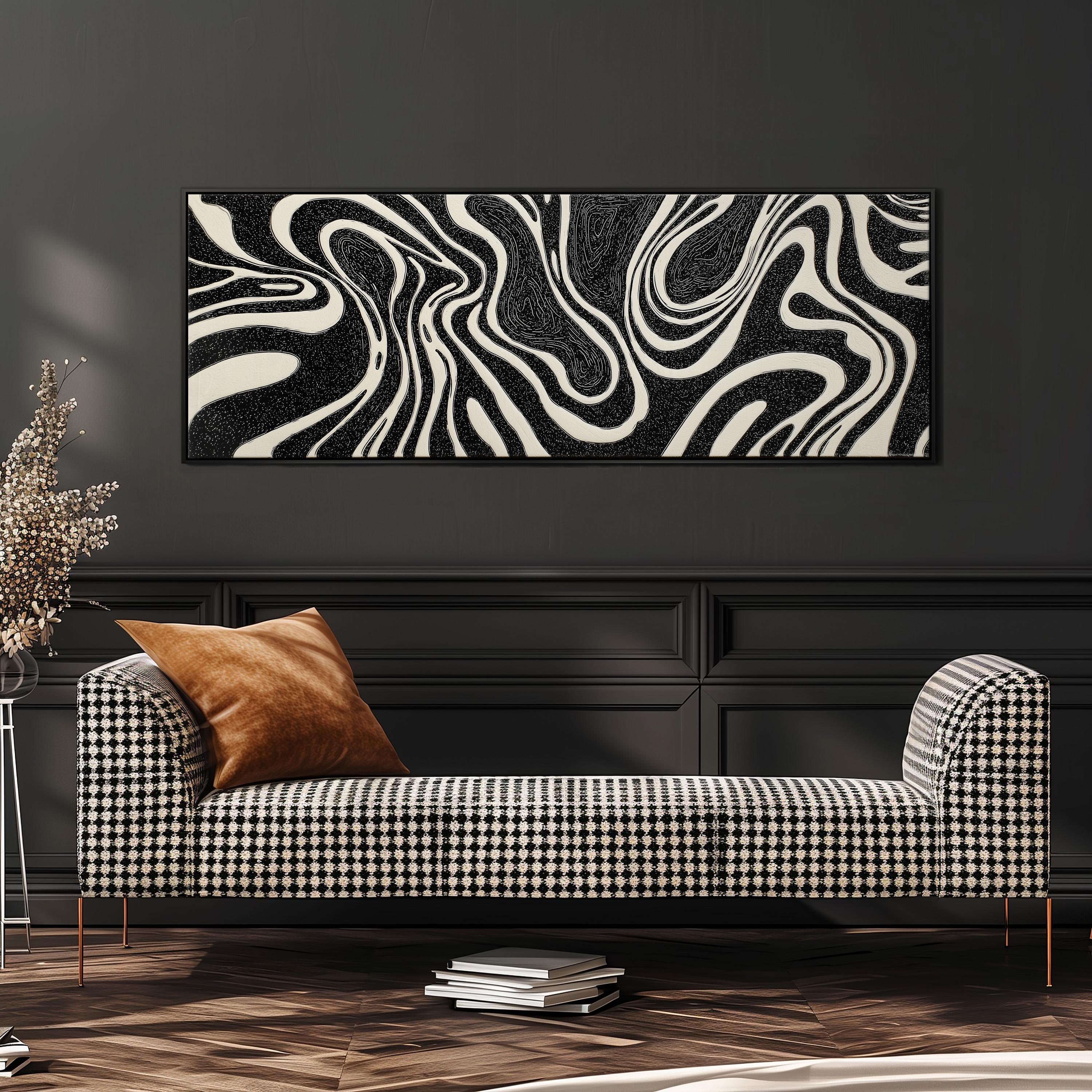 Black and White Wide Abstract Art, Long Panoramic Framed Canvas