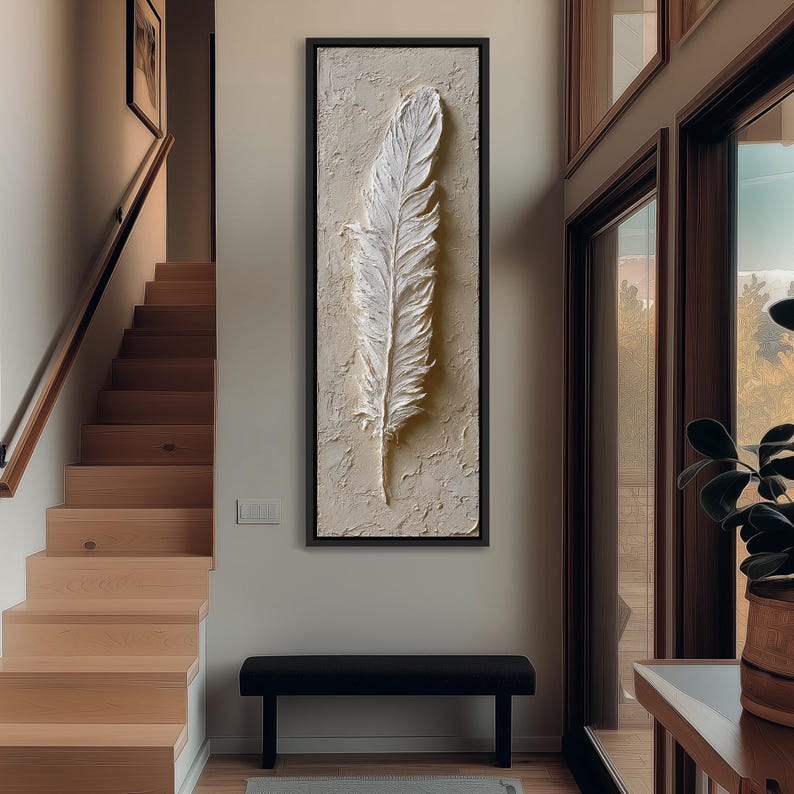 White Feather Art Print, Tall Vertical Canvas, Minimalist Style Plume ...