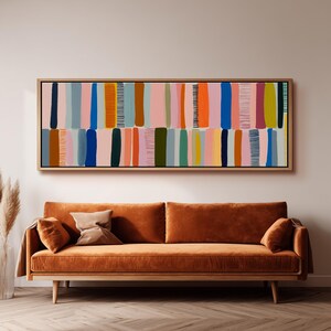 Art mural rayures colorées, motif abstrait imprimé, décoration moderne du milieu du siècle, large toile panoramique, grande oeuvre d'art ludique, art encadré long et étroit